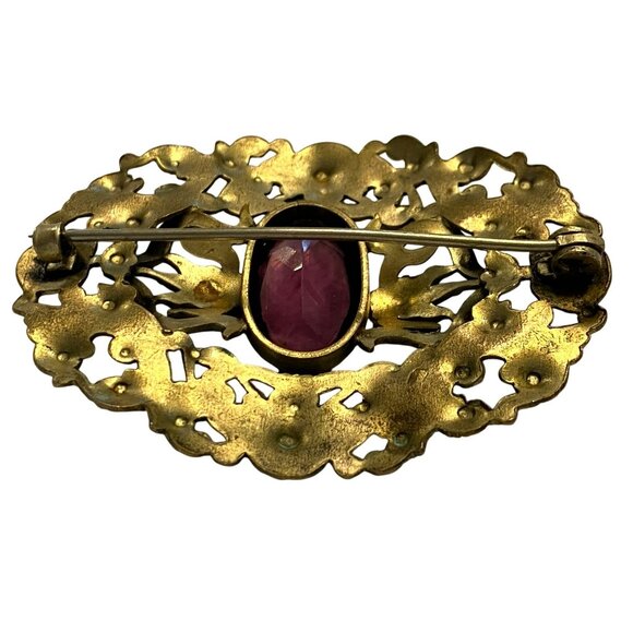 Victorian Brass Amethyst Purple Glass Sash Brooch Pin Art Nouveau 1800s - Picture 6 of 8